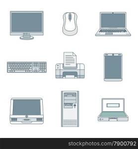 vector colored outline various computer gadgets office devices icons set&#xA;