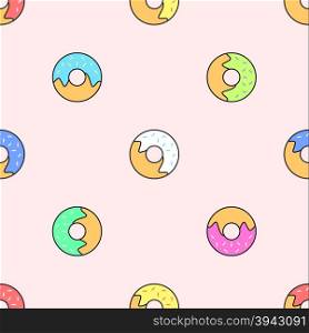 vector colored outline various red yellow green pink white blue donuts seamless pattern on light orange background&#xA;