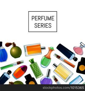 Vector colored perfume bottles cosmetic background illustration page for website. Vector perfume bottles background illustration for website