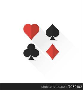 vector colored playing cards suits set hearts spades clubs diamonds isolated flat design illustration on white background with shadow &#xA;