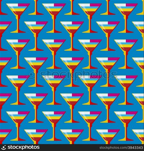 vector colored pop art style striped yellow red cyan cocktail glass seamless pattern on blue background&#xA;