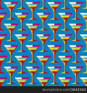 vector colored pop art style striped yellow red cyan cocktail glass seamless pattern on blue background&#xA;