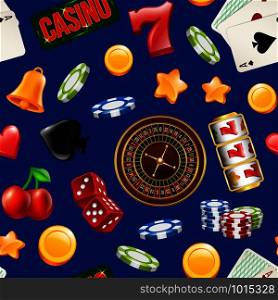 Vector colored realistic casino gamble seamless pattern or background illustration. Vector realistic casino gamble pattern or background illustration