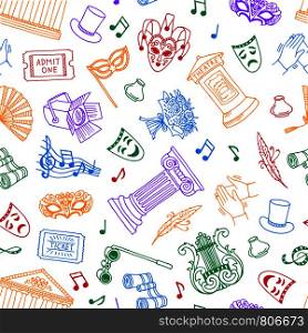 Vector colored seamless pattern or background illustration with doodle theatre elements. Vector seamless pattern or background illustration with doodle theatre elements