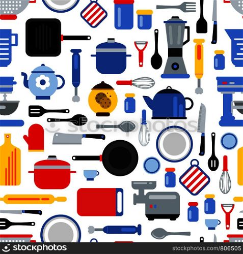 Vector colored seamless pattern or background illustration with flat style kitchen utensils. Vector pattern or background illustration with flat style kitchen utensils