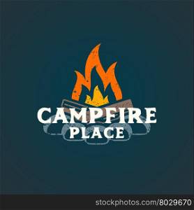 vector colored vintage camping fire place logo with bonfire grunge textured sign isolated dark background &#xA;