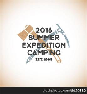 vector colored vintage expedition camping logo with tourist axe and mountaineering ice axe grunge textured sign isolated light background &#xA;