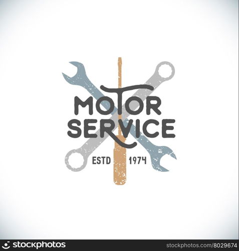 vector colored vintage motor service logo crossed wrenches and screwdriver grunge textured sign isolated light background &#xA;