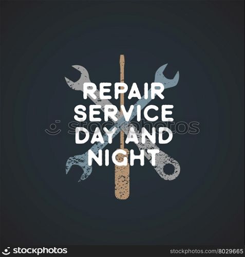 vector colored vintage repair service logo crossed wrench spanner and screwdriver grunge textured sign isolated dark background &#xA;
