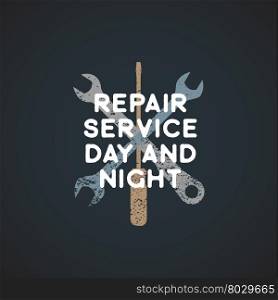 vector colored vintage repair service logo crossed wrench spanner and screwdriver grunge textured sign isolated dark background &#xA;