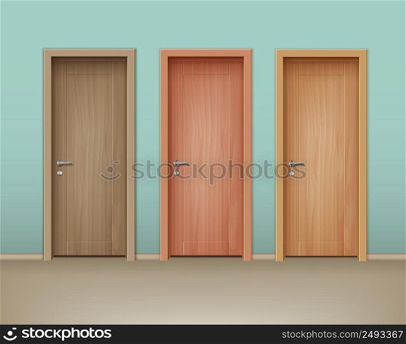 Vector colored wooden doors in eco-minimalism style on wall of mint color. Vector wooden doors