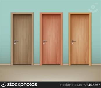 Vector colored wooden doors in eco-minimalism style on wall of mint color. Vector wooden doors