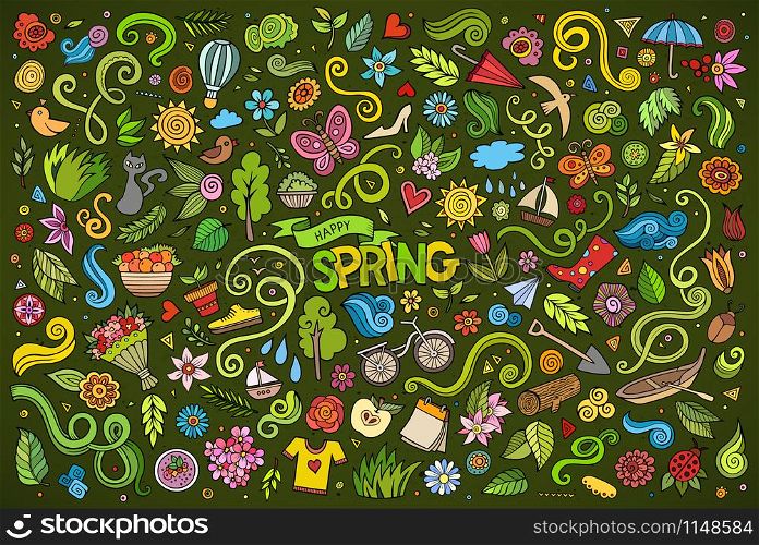 Vector colorful art Doodle cartoon set of objects and symbols on the Spring nature theme. Vector colorful art Doodle cartoon set of objects