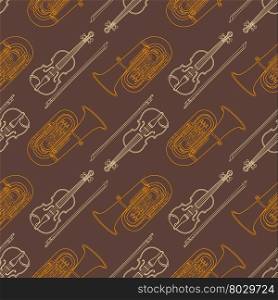 vector colorful beige orange fiddle and tuba decoration seamless pattern isolated brown background&#xA;