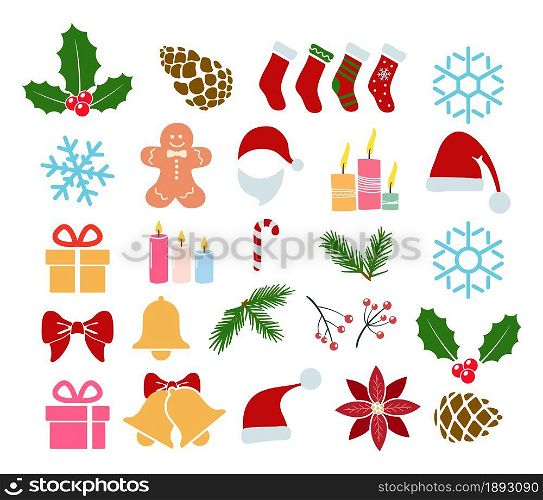 vector colorful collection of christmas decoration elements for happy new year and merry christmas illustrations. set of bell, berry, bow, candle, gift box, gingerbread cookie, hollyberry, pine cone, santa hat, snowflake, sock and stick