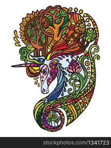 Vector colorful decorative doodle forest unicorn. Decorative abstract vector colorful illustration with black contour isolated on white background. Stock illustration for design and tattoo.