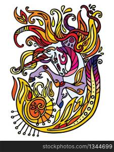 Vector colorful decorative doodle ornamental fiery unicorn. Decorative abstract vector illustration in multicolored colors with black contour isolated on white background. Stock illustration for design and tattoo.