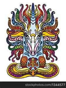 Vector colorful decorative doodle ornamental portrait of unicorn. Decorative abstract vector colorful illustration with black contour isolated on white background. Stock illustration for design and tattoo.