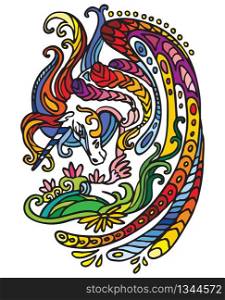 Vector colorful decorative doodle ornamental rainbow unicorn. Decorative abstract vector illustration in multicolored colors with black contour isolated on white background. Stock illustration for design and tattoo.