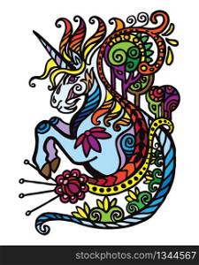 Vector colorful decorative doodle ornamental unicorn. Decorative abstract vector illustration in different colors with black contour isolated on white background. Stock illustration for design and tattoo.