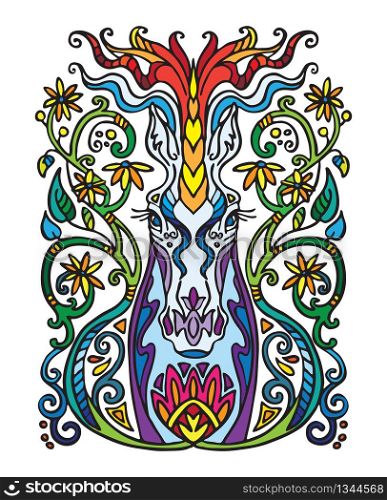 Vector colorful decorative doodle ornamental unicorn. Decorative abstract vector illustration in multicolored colors with black contour isolated on white background. Stock illustration for design and tattoo.