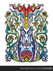 Vector colorful decorative doodle ornamental unicorn. Decorative abstract vector illustration in multicolored colors with black contour isolated on white background. Stock illustration for design and tattoo.