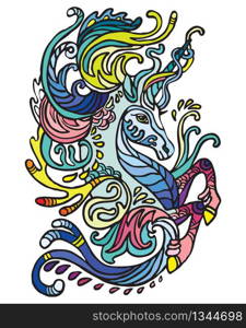 Vector colorful decorative doodle water unicorn. Decorative abstract vector colorful illustration with black contour isolated on white background. Stock illustration for design and tattoo.