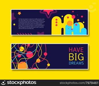 Vector Colorful Design Abstract Modern Style Template Collection for Banner, Flyer, Placard, Brochure and Poster on Yellow Background. Front ad Back Side.