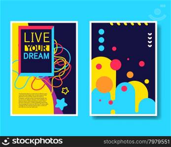 Vector Colorful Design Abstract Modern Style Template Collection for Banner, Flyer, Placard, Brochure and Poster on Blue Background. Front ad Back Side.