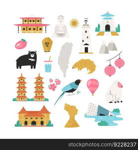 Vector colorful design, ban≠r with icons, famous symbols of Taiwan. Illustration for posters, ban≠rs, tour guides, magazi≠s.. Vector colorful design, ban≠r with icons, famous symbols of Taiwan