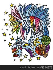 Vector colorful doodle ornamental ice unicorn. Decorative abstract vector illustration in multicolored colors with black contour isolated on white background. Stock illustration for design and tattoo.