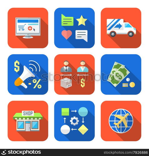 vector colorful flat design business distribution marketing process icons set long shadows&#xA;