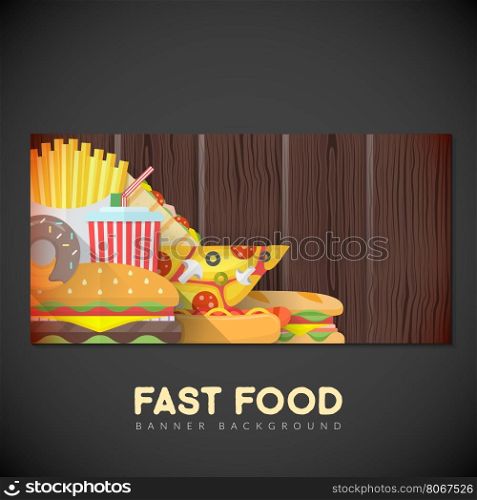 vector colorful flat design various fast food illustration empty wood textured dark isolated background deco banner template&#xA;