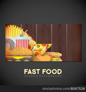 vector colorful flat design various fast food illustration empty wood textured dark isolated background deco banner template&#xA;