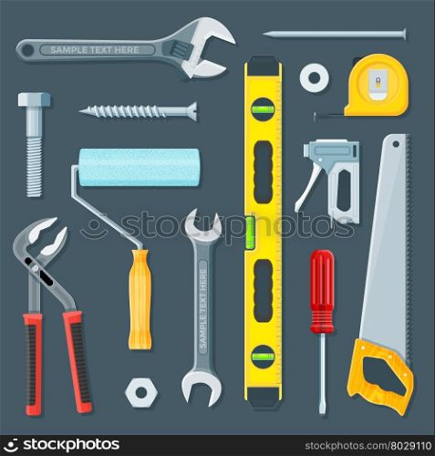 vector colorful flat design various house remodel construction tools and equipment illustration collection isolated dark background&#xA;