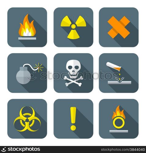 vector colorful flat style hazardous waste symbols warning signs icons long shadows&#xA;