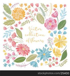 Vector colorful floral hand drawn elements collection with leaves and flowers. Decorative floral set for fabric, textile, wrapping paper, card, invitation, wallpaper, web design.