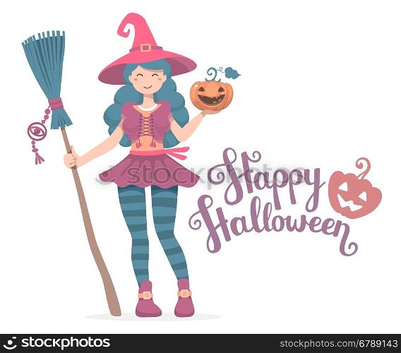 Vector colorful halloween illustration of witch character with broom, hat, pumpkin wishes happy Halloween on light background. Flat style design for halloween greeting card, poster, banner, web, site