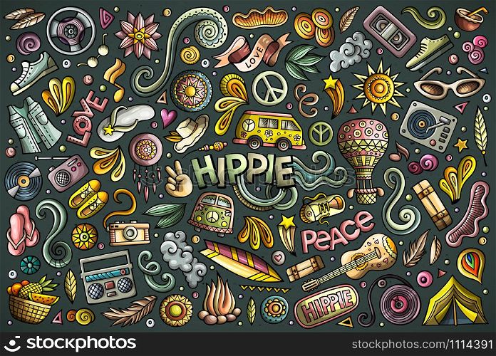 Vector colorful hand drawn doodle cartoon set of Hippie objects and symbols. Cartoon set of Hippie objects and symbols