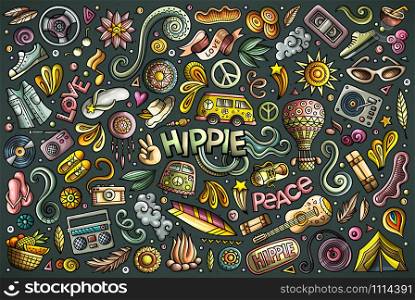 Vector colorful hand drawn doodle cartoon set of Hippie objects and symbols. Cartoon set of Hippie objects and symbols