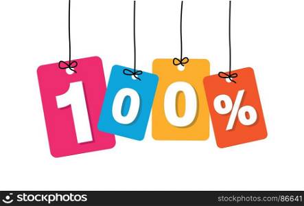 Vector colorful hanging cardboard. Tags - 100 percent. Vector colorful hanging cardboard. Tags - 100 percent on white background