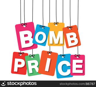 Vector colorful hanging cardboard. Tags - bomb price. Vector colorful hanging cardboard. Tags - bomb price on white background