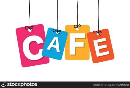 Vector colorful hanging cardboard. Tags - cafe. Vector colorful hanging cardboard. Tags - cafe on white background