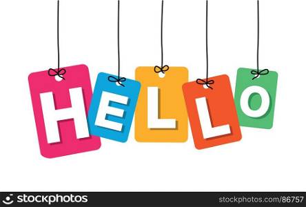 Vector colorful hanging cardboard. Tags - hello. Vector colorful hanging cardboard. Tags - hello on white background