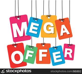 Vector colorful hanging cardboard. Tags - mega offer. Vector colorful hanging cardboard. Tags - mega offer on white background