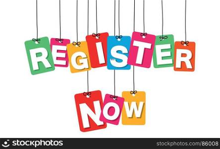 Vector colorful hanging cardboard. Tags - register now. Vector colorful hanging cardboard. Tags - register now on white background