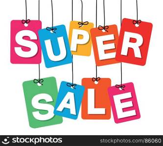 Vector colorful hanging cardboard. Tags - super sale. Vector colorful hanging cardboard. Tags - vsuper sale on white background