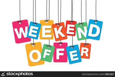 Vector colorful hanging cardboard. Tags - weekend offer. Vector colorful hanging cardboard. Tags - weekend offer on white background