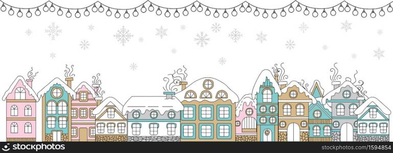 Vector colorful horizontal winter banner garland, Christmas snowy houses and snowflackes isolated on white. Christmas concept. For decor,design,congratulation cards, print, business, label, corporate. Vector horizontal winter banner Christmas snowy houses