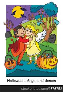 Vector colorful illustration children in costumes of angel and demon hug. Halloween concept. Cartoon illustration isolated on white background. For coloring book for children, preschool education, print and game.. Colorful Halloween cute little angel and demon hug